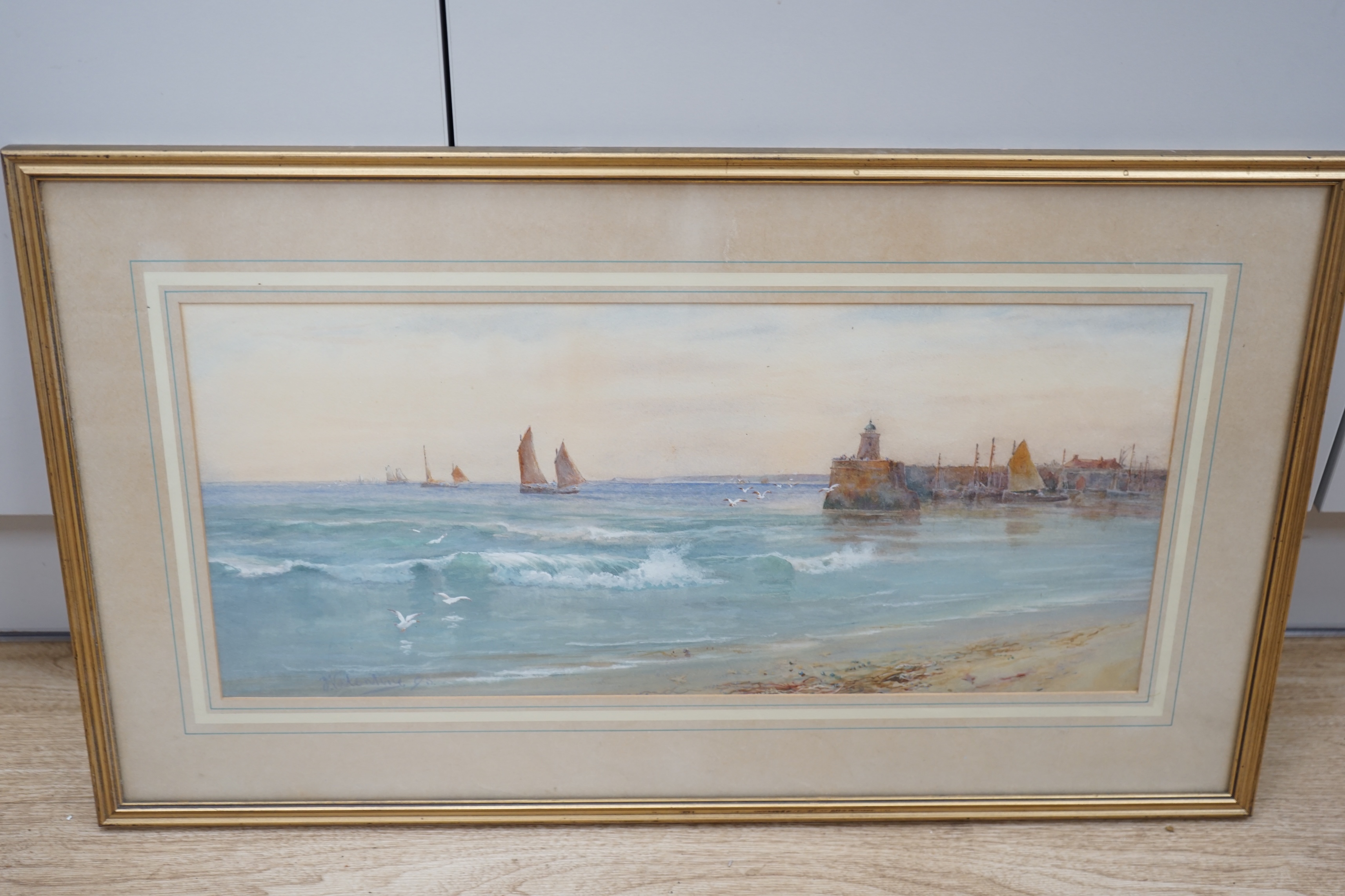 J. Valentine, pair of heightened watercolours, Harbour scenes with boats, each signed, 23 x 52cm. Condition - fair